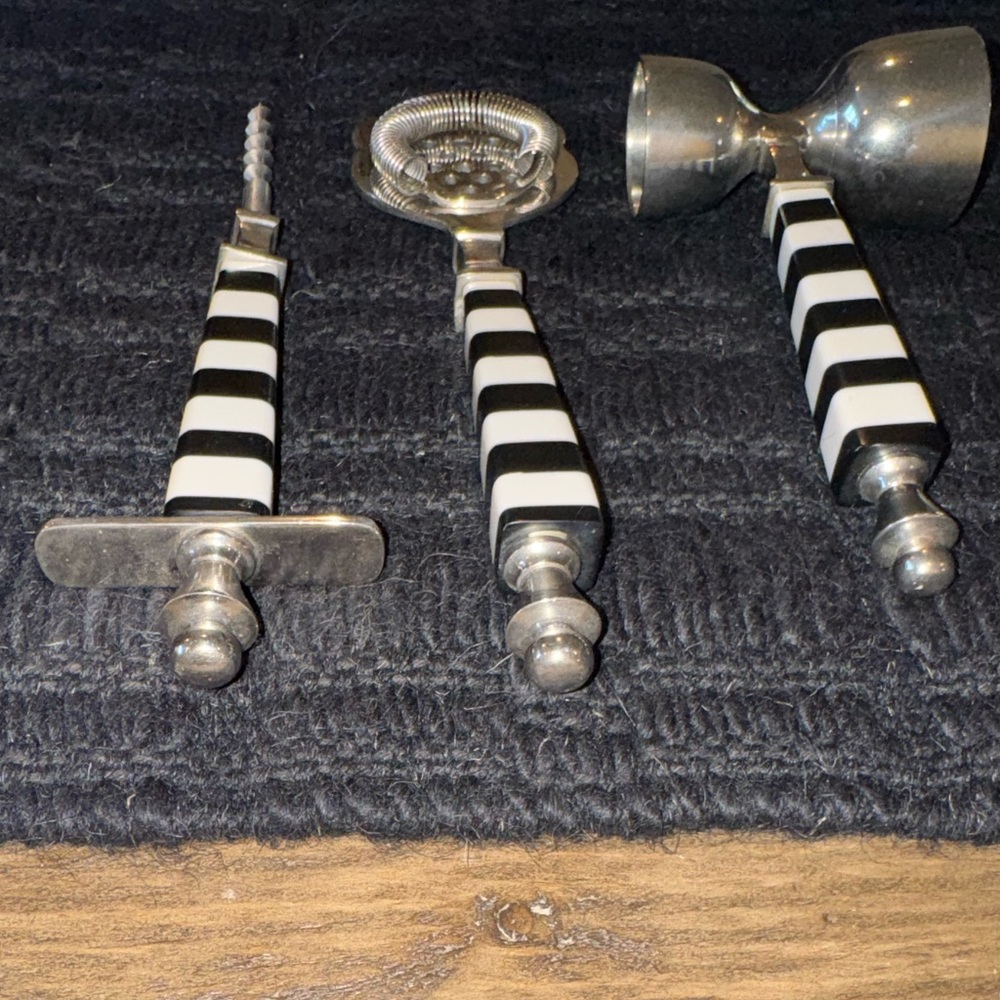 McKenzie Childs Courtley Check Bar Tool Set of 3 Black & Ivory Stainless Steel - Picture 7 of 8